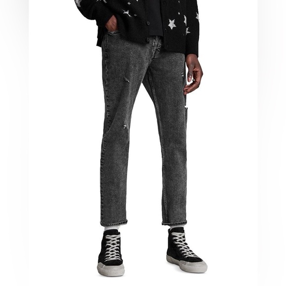 ALLSAINTS Dean Damaged Slim Fit Cropped Jeans in Washed Black Size 38 - Picture 1 of 13